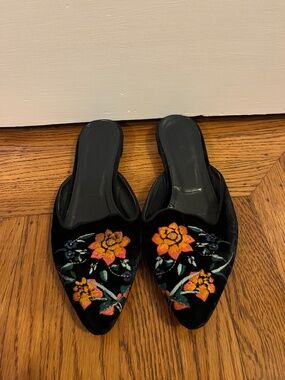 Floral Embroidered Blue Velvet J-Crew Mules, Size 9